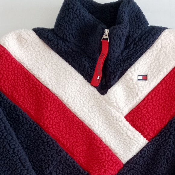 Tommy Hilfiger deep pile  sherpa color block chevron 1/4 zip fleece  Size Large - Picture 6 of 7